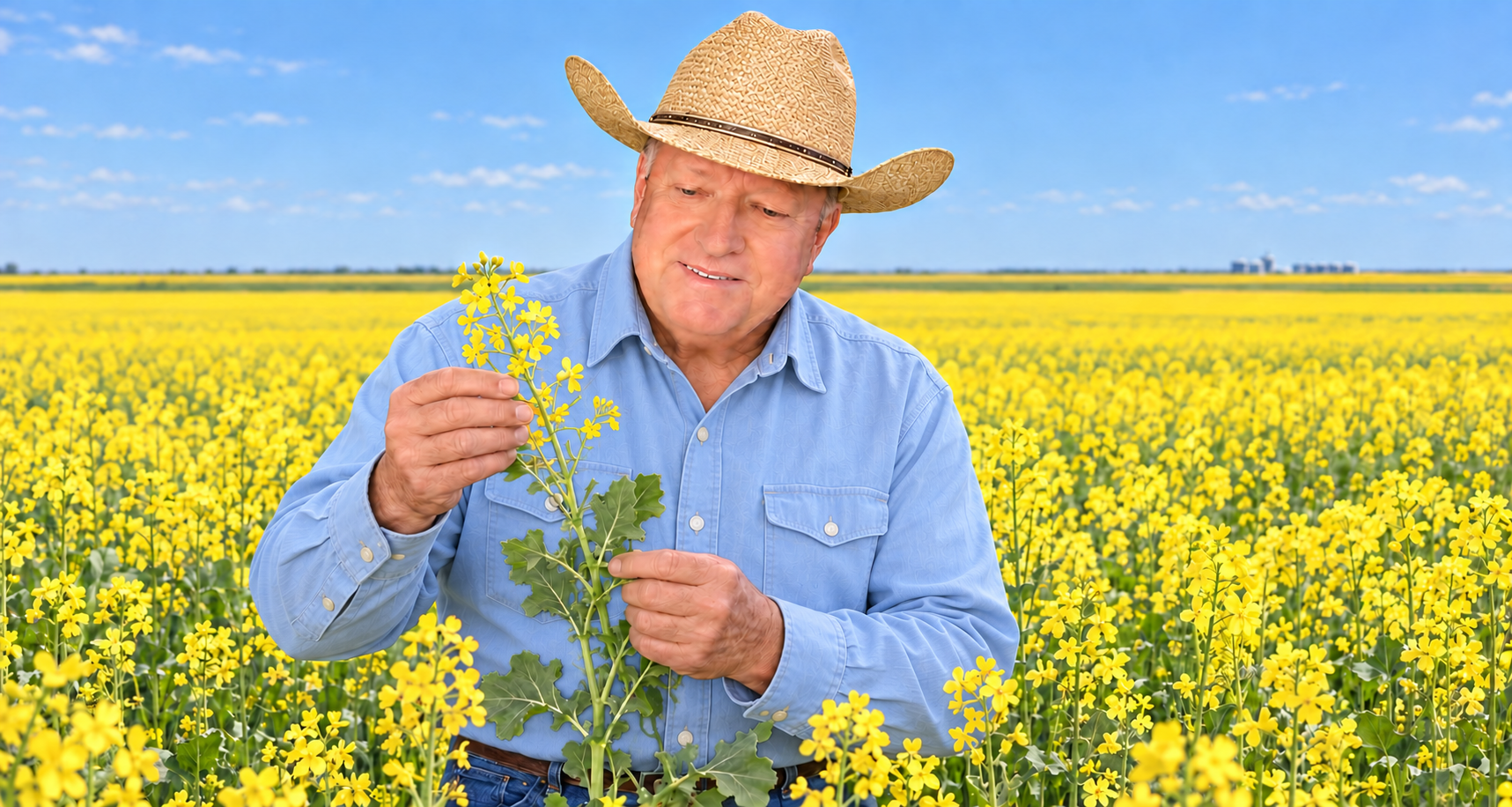 AI illustration of Robert scouting canola in a straw hat and lightweight work shirt
